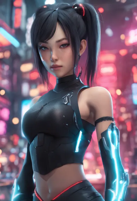 Full-bodied Asian cyber girl with a ponytail. Black hair and blue eyes.. Clothes like cat women.