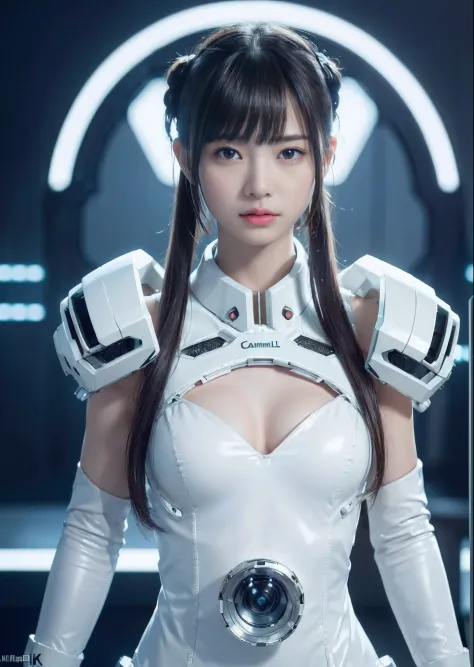 NSFW,((top-quality、in 8K、​masterpiece:1.3))Wearing a silvery-white mech，Girl with a delicate face，The highest image quality，ultraclear，Facial features are delicate and clear，Armageddon，machine arms，exquisitedetails，(cammel toe)、Mechanical pattern,cyberpunk...