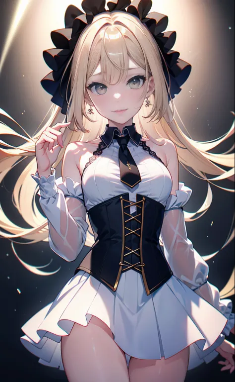 idoly， tmasterpiece， top-quality， beauitful face， absurderes， hdr， （cowboy lens， White ruffled lace mini dress， White collar， White ruffled cuffs， Particle： 1.5）， （blooms， with light glowing： 1.4）， （ssmile）， （Short blonde hair， Yellow eyes： 1.7）， Sharp foc...