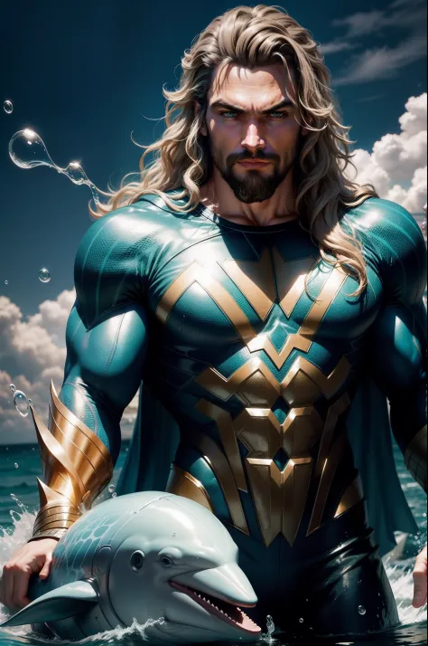 Create for me the superhero aquaman with actor jason mamoa, with all his uniform complete with all the details. making many water bubbles around him and a dolphin next to him, all very realistic