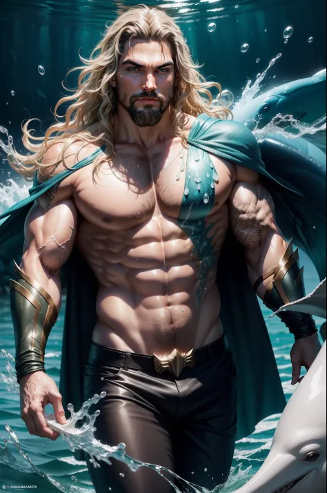 Create for me the superhero aquaman with actor jason mamoa, with all his uniform complete with all the details. making many water bubbles around him and a dolphin next to him, all very realistic