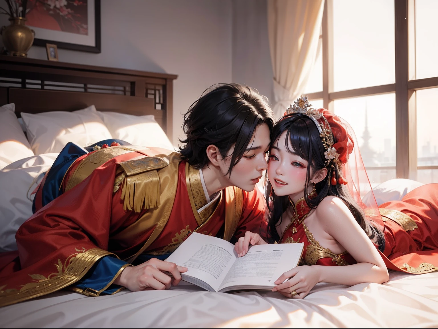 Chinese couple，Chinese Tang Dynasty costumes，Red bridal dress，wearing a hijab，grow、A smile full of happiness、Kiss、Lie down in bed、Panting Face、Tattered bridal outfits、full of sweat、Expressions in a state of excitement