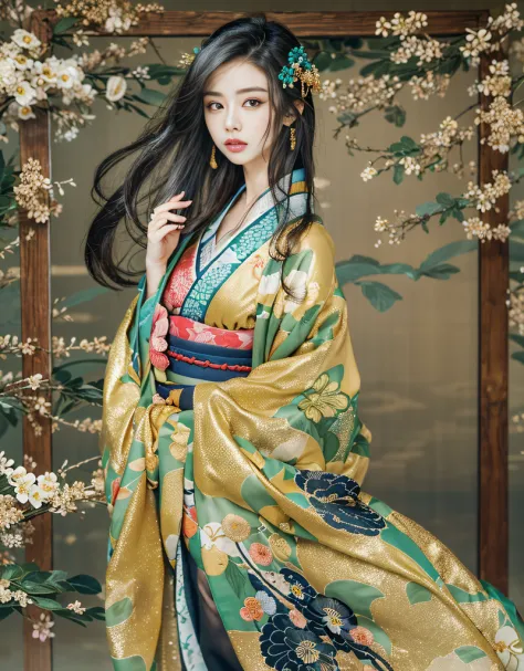 (Beautiful model in Japanese kimono commercial, beautiful straight long black hair), solo, ((face is 80% beauty and elegance, 20...