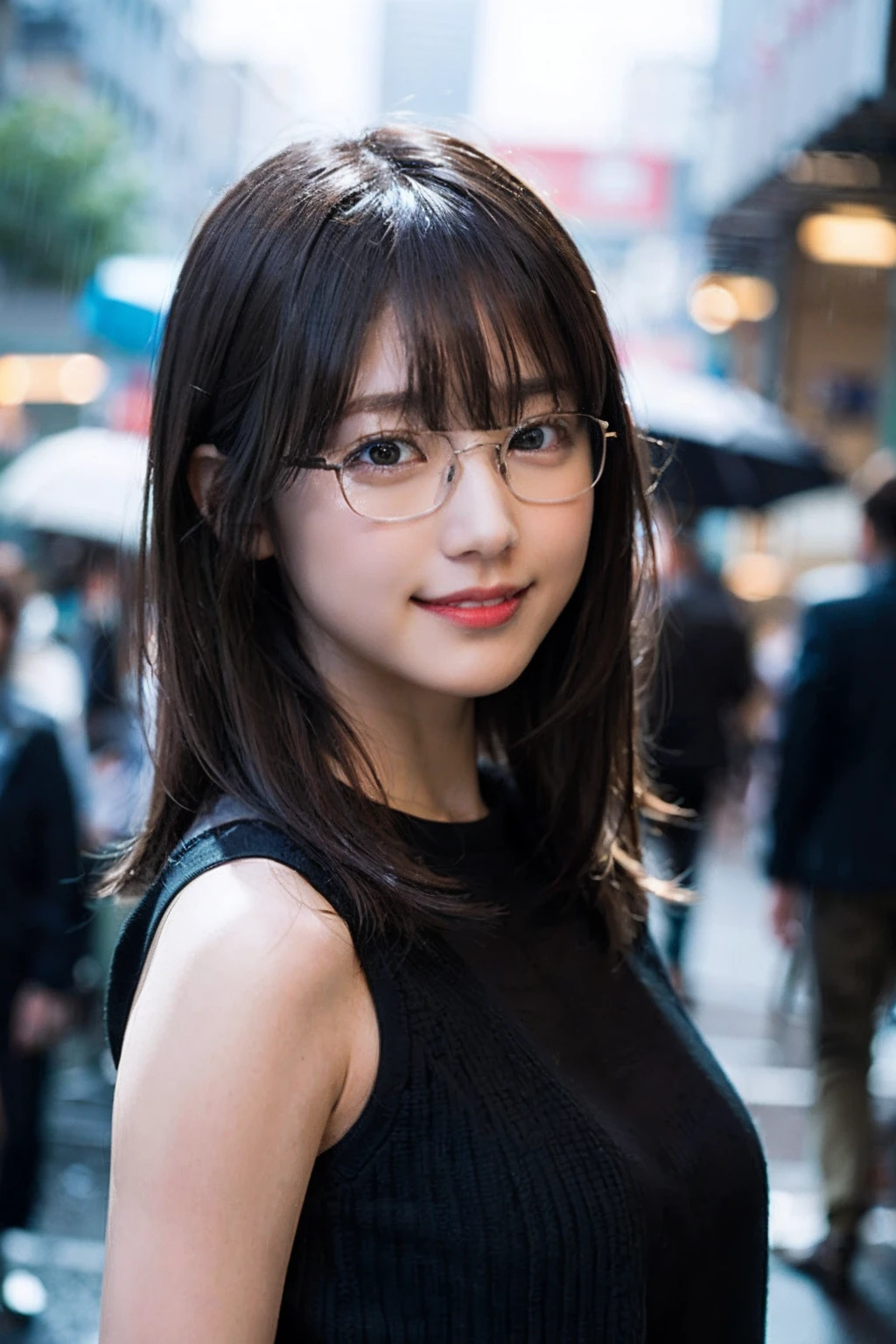 (8K、Raw photography、top-quality、​masterpiece:1.2)、(realisitic、Photorealsitic:1.37)、ultra-detailliert、超A high resolution、女の子1人、see the beholder、beautifull detailed face、A smile、Constriction、(Slim waist) :1.3)、summer clothing、Beautiful detailed skin、Skin Texture、Floating hair、Professional Lighting、In the rainy city、Hair, clothes or skin are slightly wet、Square glasses with black rimming 、Whole human body、Brown hair