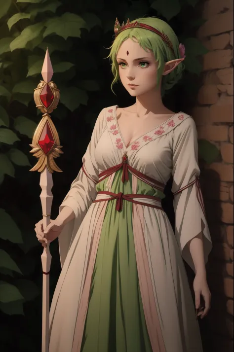 Adult, Sylphiette, elves, green hair, red eyes, small boobs, holding a small wooden staff with crimson gemstone embedded at its ...