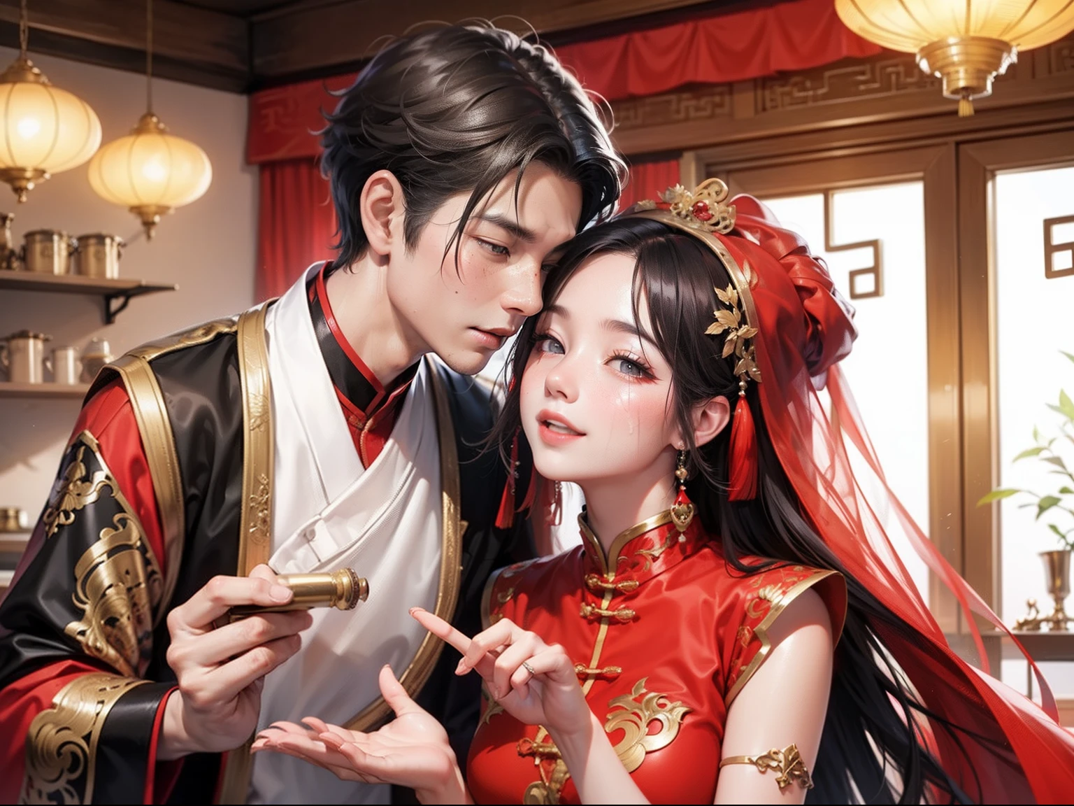 Chinese couple，Chinese Tang Dynasty costumes，Red bridal dress，wearing a hijab，grow、A smile full of happiness、Kiss、at the kitchen、Panting Face、Tattered bridal outfits、full of sweat、Expressions in a state of excitement