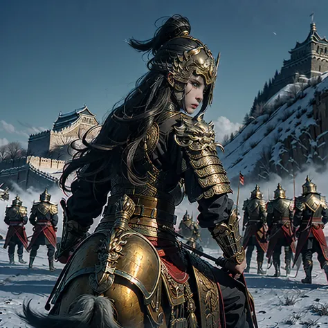 in a panoramic view，sportrait，photorealestic，Modern style，Blue sky, the great wall，3girl，Three generals，Dressed in gorgeous golden Chinese armor，Golden helmet，Riding a black war horse，holding sabre，Stand in front of the Great Wall，Sharp eyes，professinal，Me...