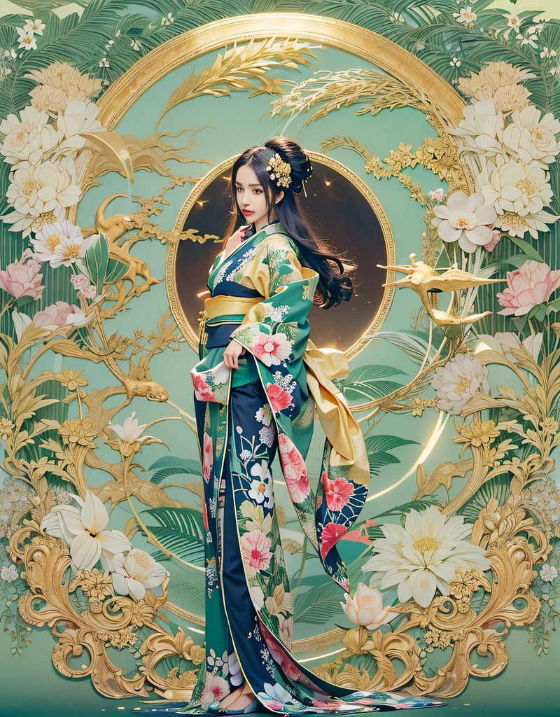 (Beau modèle dans une publicité pour un kimono japonais, beaux cheveux noirs longs et raides), seulement, ((le visage a 80 ans% beauté et élégance, 20% jolie et mignonne:1.5)), Yeux clairs, (Yeux détaillés, yeux vert clair, Des élèves brillants), double paupières, (lèvres sexy avec un peu d&#39;épaisseur:1.2), ((Super détaillé and incredibly high resolution Golden Kimono:1.2)), Texture du visage très détaillée, forme du corps frappante, femme courbée et très attirante, photo couleur RAW haute résolution photo professionnelle, CASSER ultra high-resolution textures, Rendu du corps haute résolution, gros yeux, Chef-d&#39;œuvre inégalé, une haute résolution incroyable, Super détaillé, superbe peau en céramique, CASSER ((Face vers l&#39;arrière pour montrer le motif du kimono:1.5)), ((Porter un kimono Rinpa qui utilise beaucoup d&#39;or scintillant:1.5)), ((La couleur principale est dorée et le Kimono Rinpa possède des broderies très colorées:1.2)), (Le demi-col et l&#39;Obi sont bleu foncé) ,(Kimono japonais classique de style Rinpa élaboré avec soin), ((Le motif de broderie est un paon, un modèle d&#39;eau courante, et des fleurs colorées):1.2), ((Kimono doré richement et élégamment décoré)), (Prenez une photo devant un paravent Rinpa avec une couleur dorée, motif d&#39;eau qui coule bleu marine)) CASSER ((meilleure qualité, 8k)), Mise au point nette:1.2, (Coupe en couches, grand:1.2), (Belle femme avec une silhouette parfaite:1.4), (Vue arrière belle et élégante:1.3), taille fine, (forme correcte de la main:1.5), (photo de tout le corps | tir de cow-boy)