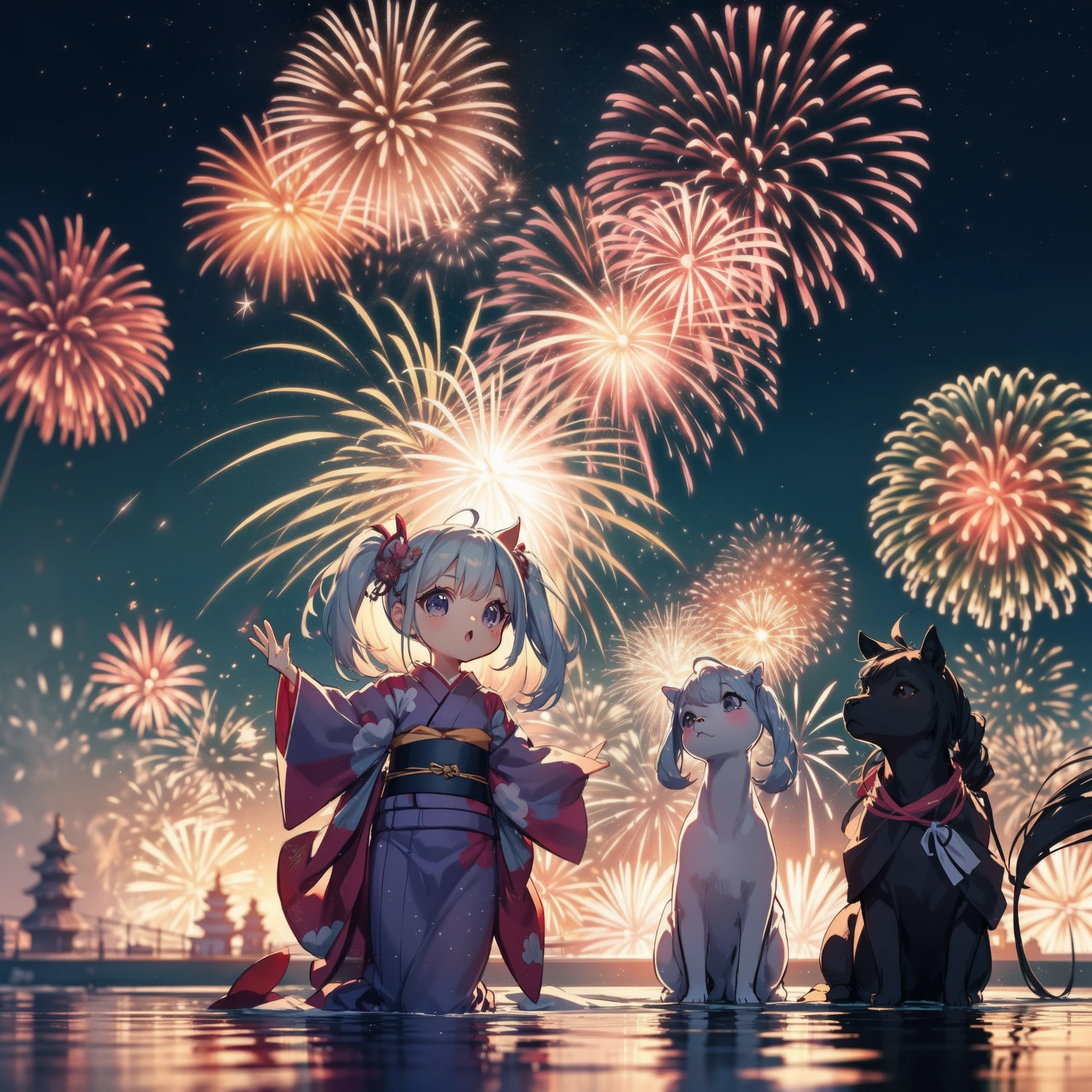 Chibi:1.8,girls,Kimono,Girl in Yukata,Blowing in the wind,Summer Festivals,natta,food stand,scenery reflected in the water,Spirit Stream,Big  Fireworks:1.7,Fireworks in the night sky:1.8,poney Tail,action:1.6,dynamic pose,dynamic angle,ground-level shot,low angle,full body shot,long shot,(masutepiece: 1.3), (exquisite detailing: 1.2), Delicate and beautiful details, (Eye Detail), (Facial Detailed), (Highest Quality) :1.4), (Hyper-Resolution: 1.2), (very detailed illustration),Best Quality,depth of fields, Wide light, natural shadows