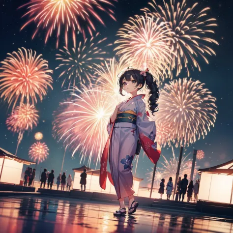 Chibi:1.8,girls,Kimono,Girl in Yukata,Blowing in the wind,Summer Festivals,natta,food stand,scenery reflected in the water,Spiri...