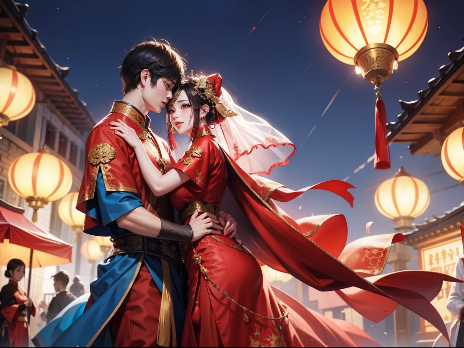 Chinese couple，Chinese Tang Dynasty costumes，Red bridal dress，wearing a hijab，A smile full of happiness、Kiss、At the bridge，Hongda scenes，Festive atmosphere