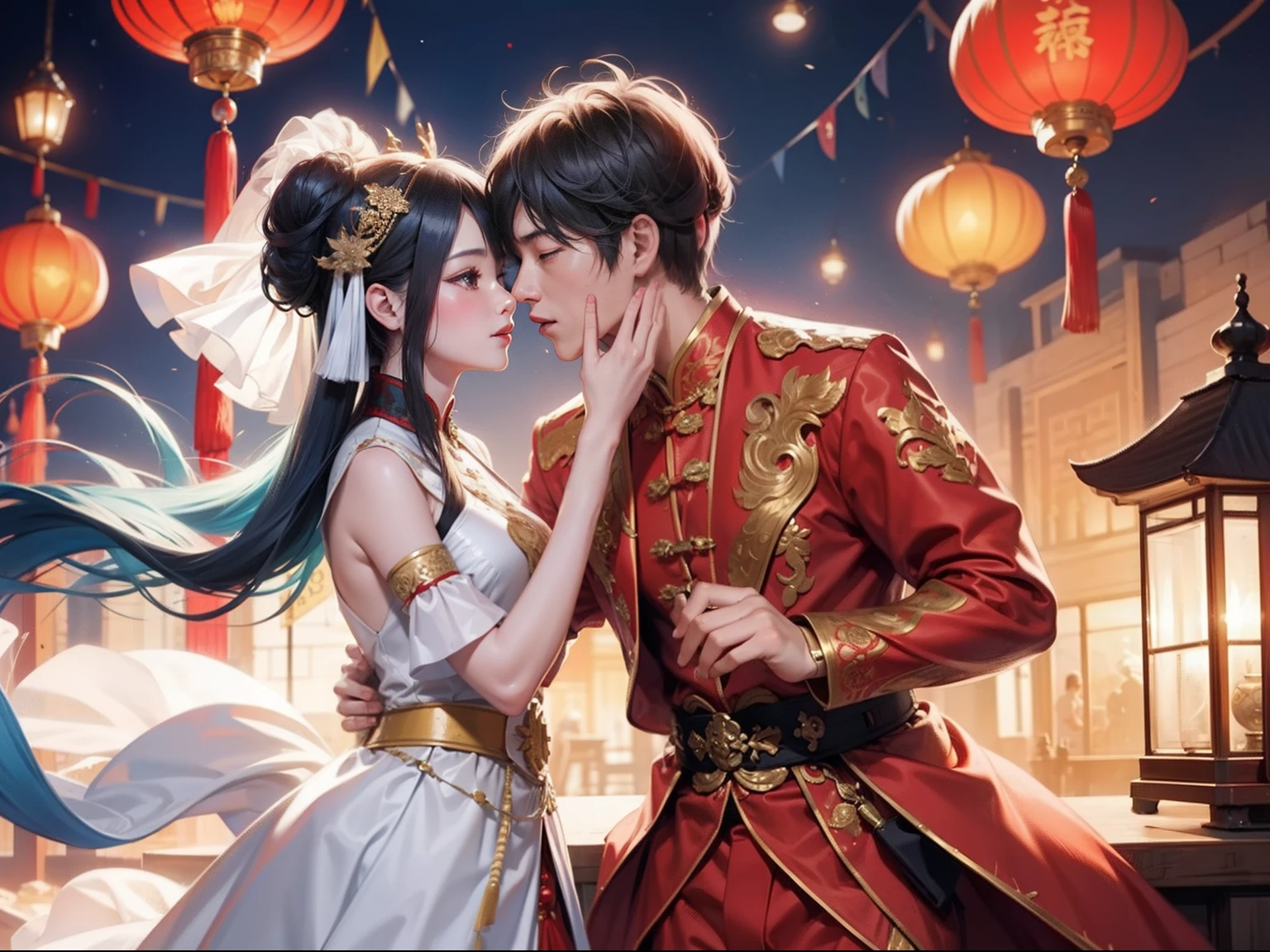 Chinese couple，Chinese Tang Dynasty costumes，Red bridal dress，wearing a hijab，A smile full of happiness、Kiss、At the bridge，Hongda scenes，Festive atmosphere