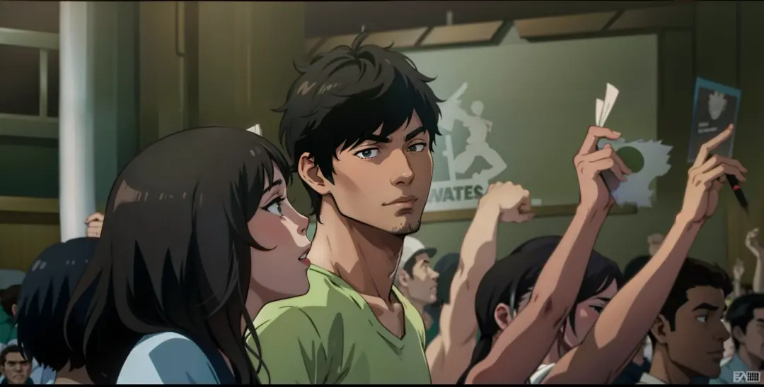Anime scene, guy looking at a girl, concert crowd background