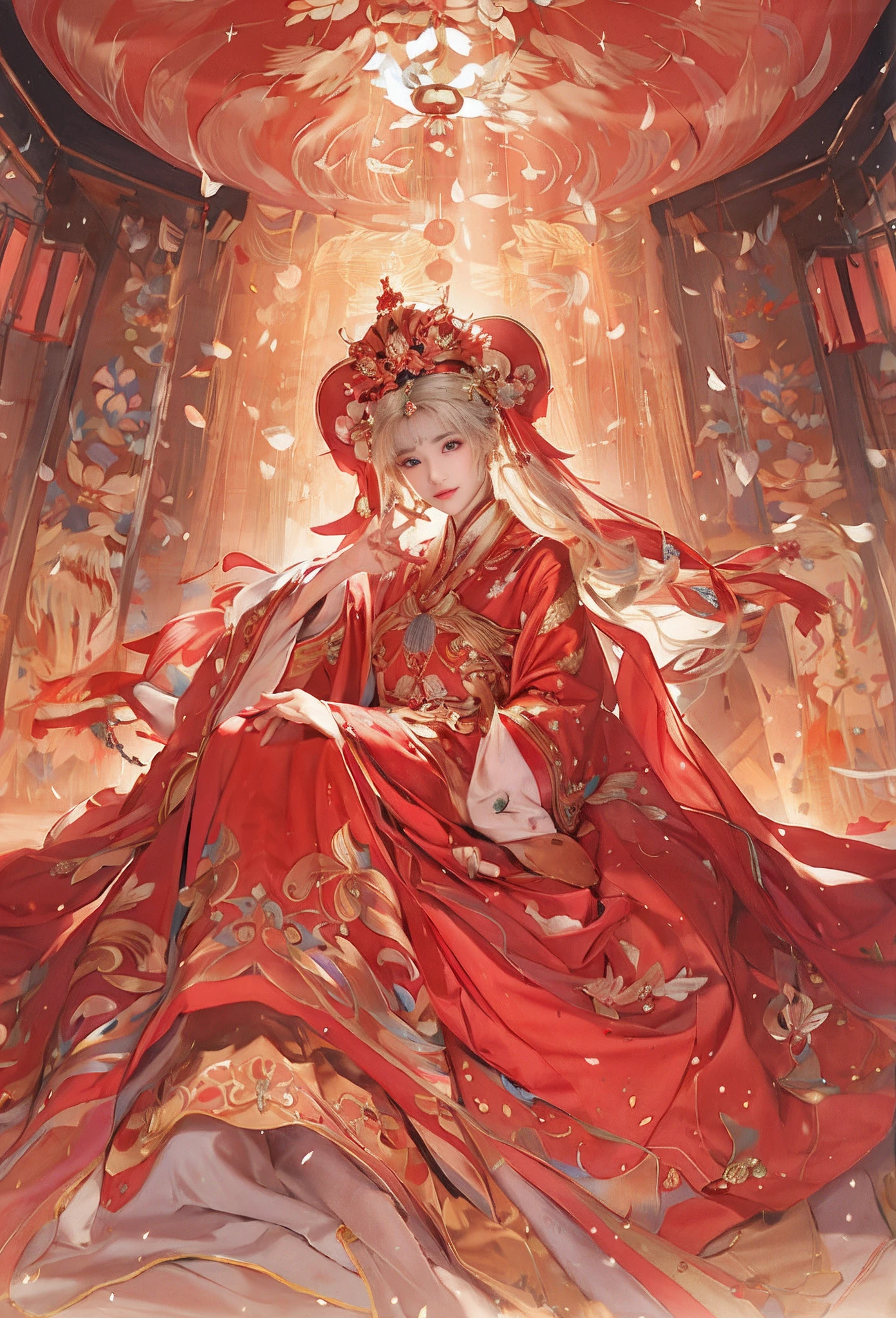 realisticlying，8K，Best quality at best，delicate patterns，intricately details，A woman in a red and gold dress，Sit right in the center，Palace，A girl in Hanfu，a beautiful fantasy empress，((a beautiful fantasy empress))，Perfect facial features，Exquisite facial features，delicated face，perfect hand，Perfect Finger，cabelos preto e longos，Black eyes，cosmetics，Blushlush，is shy，Phoenix crown，farsightedness，A princess，Artistically