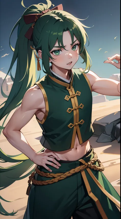 young boy, long dark green hair, high ponytail, Green eyes, Battle with Hanfu, Sleeveless, open belly, pants, Masterpiece, hiquality