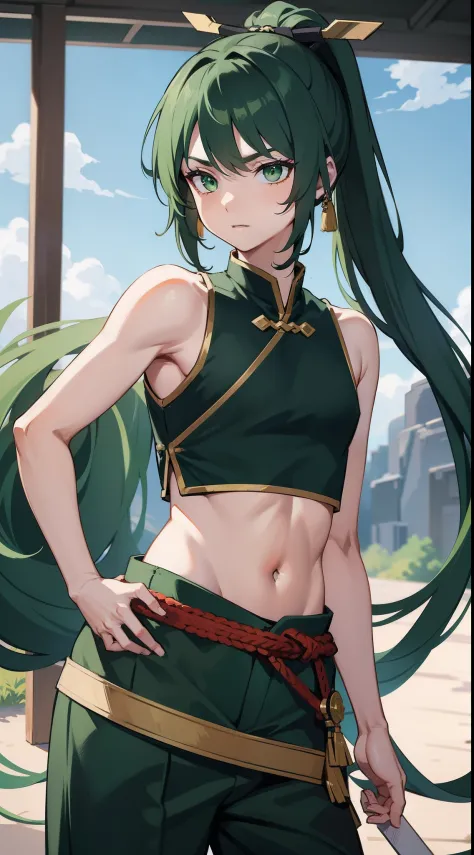 young boy, long dark green hair, high ponytail, Green eyes, Battle with Hanfu, Sleeveless, open belly, pants, Masterpiece, hiquality