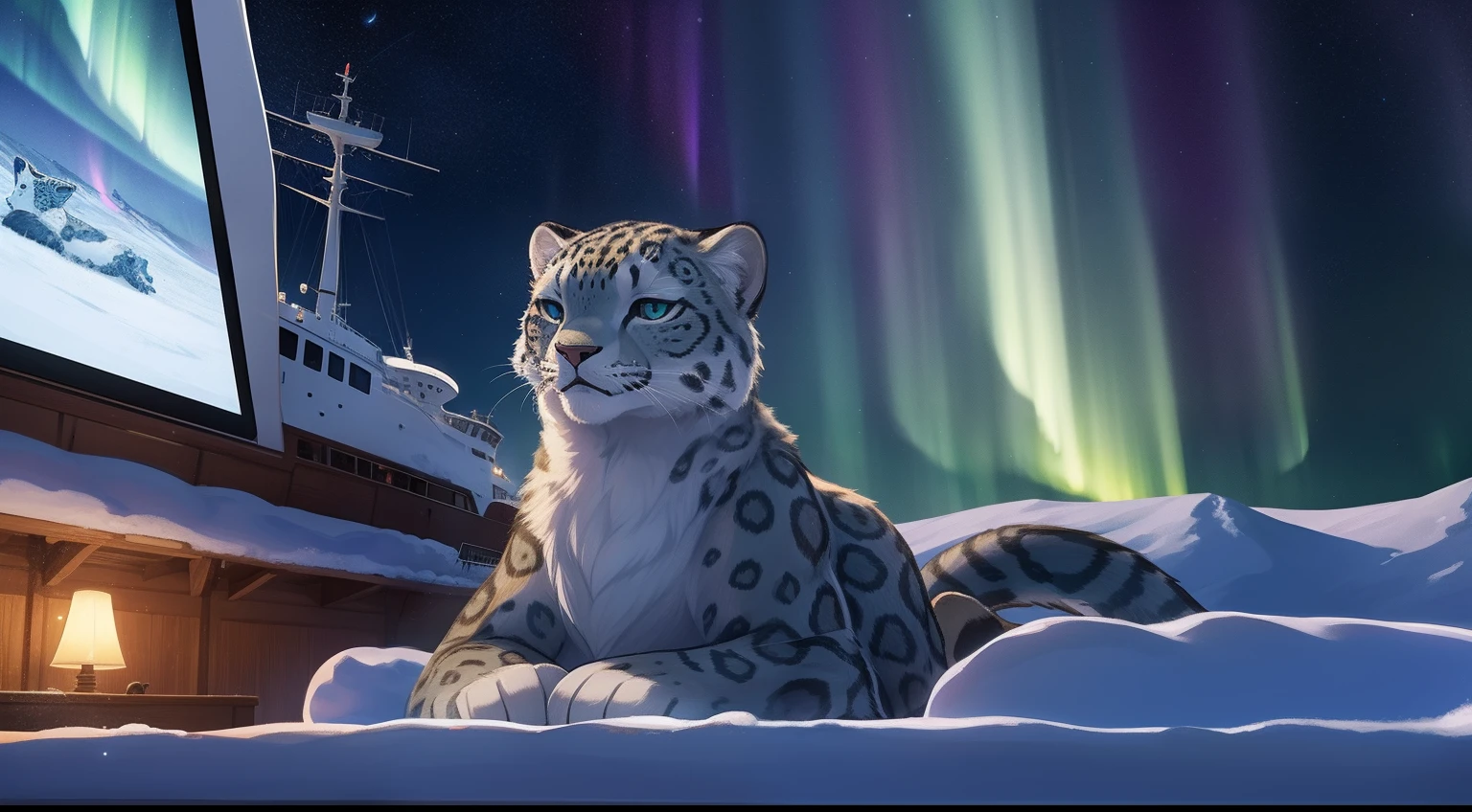 Furry Fur，Furry snow leopard，Lovely image，snow leopard，Cute furry，Research ship，Beautiful aurora, Long, Fluffy tail，In the Arctic，The ship is brightly lit，Cubs，is in night，nigh sky, Winters，stars，Close-up of cute characters