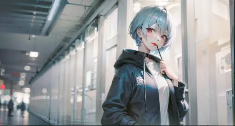 Anime image of a woman with light blue hair and a black jacket, A white shirt is worn under a black jacket，red lipstick on his mouth，Look at you with red eyes，Smile at you，Anime girl Rei Ayanami Majin, Leaning on the pillars of the subway，from evangelion