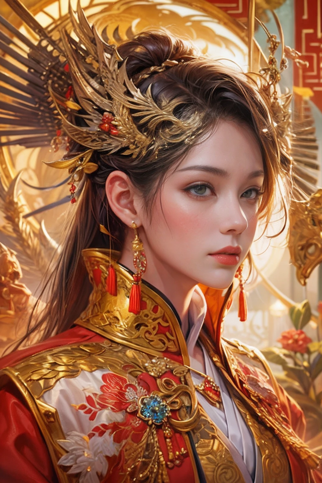 A woman in a red Chinese costume stands next to a supercar,Exquisite phoenix crown,luxurious wheels，anatomy correct,A detailed eye, 二重まぶた，Whiten skin，delicate patterned，Oriental elements，Ink painting style, Clean colors,Golden space, Soft lighting, ( Bokeh)，Masterpiece, Super detailed, Epic composition, Highest quality, 4K