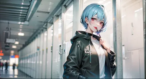 Anime image of a woman with light blue hair and a black jacket, A white shirt is worn under a black jacket，red lipstick on his mouth，Look at you with red eyes，Smile at you，Anime girl Rei Ayanami Majin, Leaning on the pillars of the subway，from evangelion