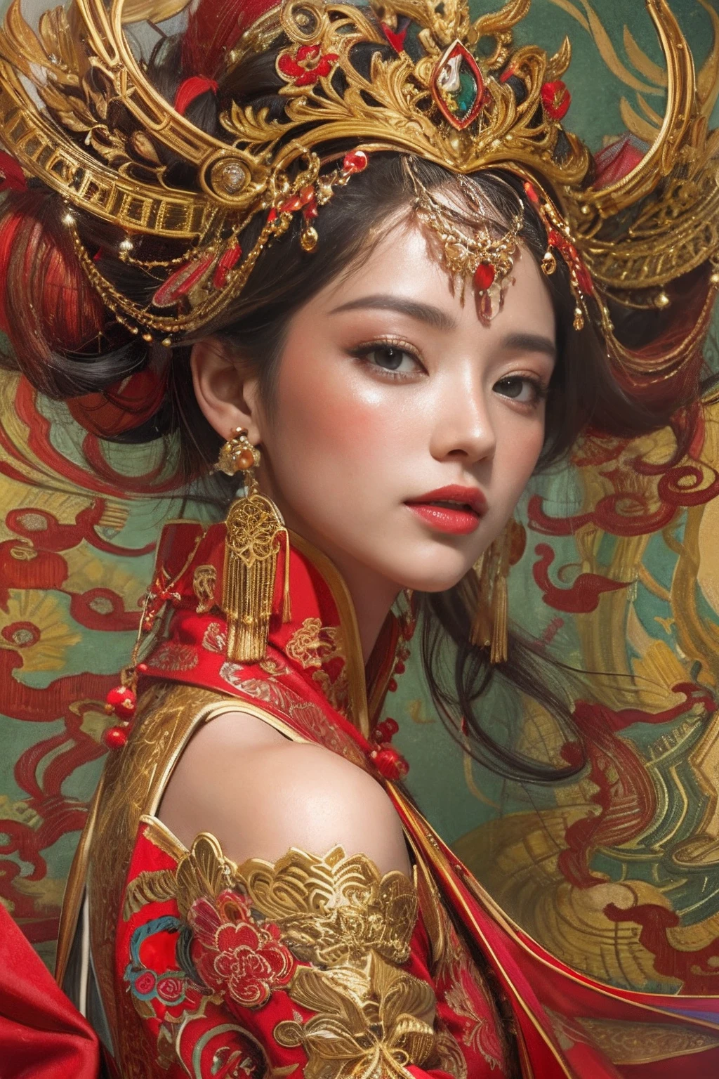 Eine Frau in einem rot-goldenen chinesischen Kleid，Phönix Krone，eine chinesische Hochzeit，（Meisterstück，Top-Qualität，beste Qualität，offizielle Kunst，Schönheit und Ästhetik：1.2），（1Mädchen：1.3），Das ist sehr detailliert，（fraktale Kunst：1.1），Am ausführlichsten，（ Zentangle:1.2), Ganzkörperesbian, (abstrakte Hintergründe:1.3), (Glänzende Haut), (viele Farbe:1.4), ,(Ohrringe), (feat:1.5),