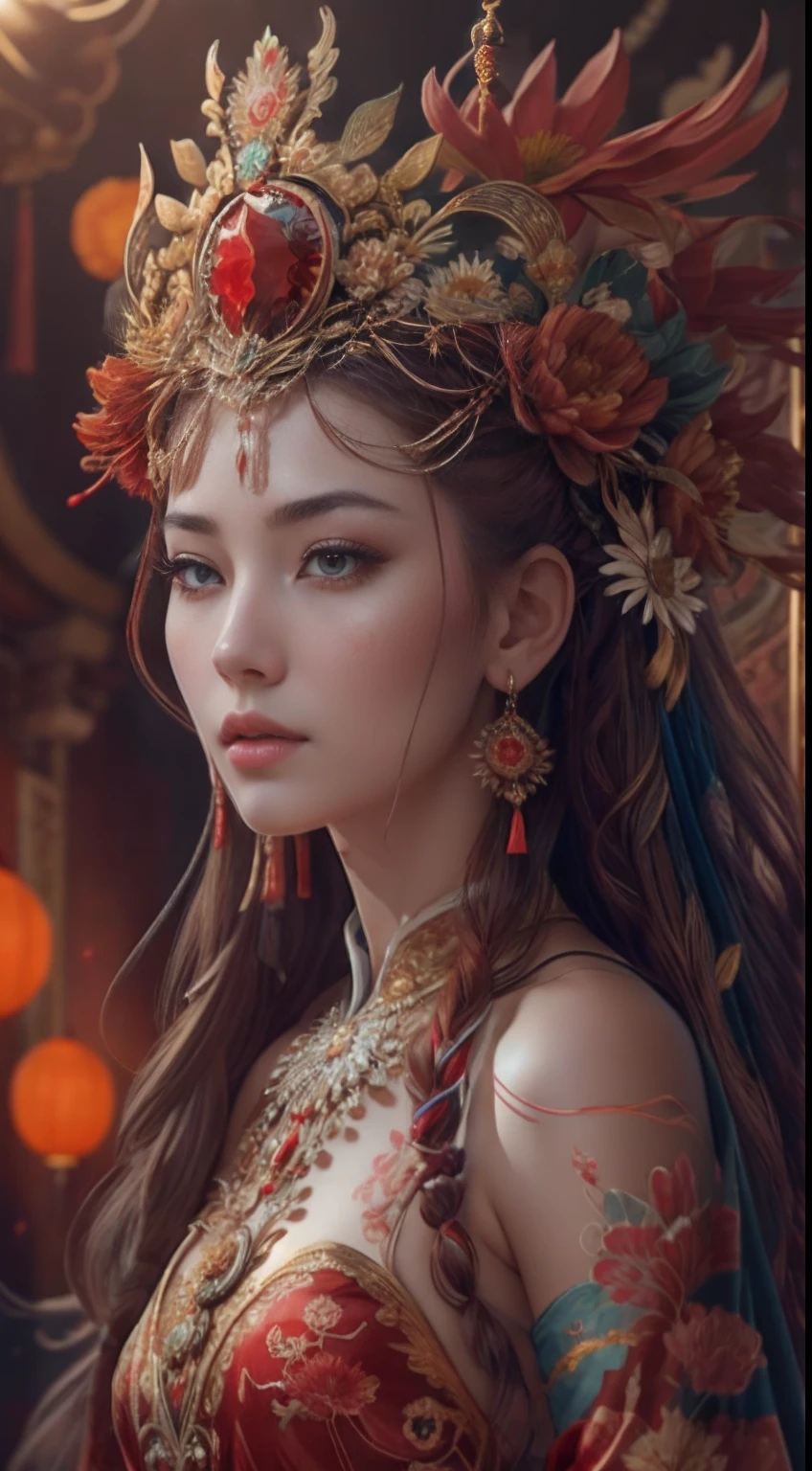 Best quality,Masterpiece,ultra-detailed high res,(Photorealistic:1.4),RAW photo,,illustration,
1girl dancing,Phoenix crown，Exquisite headdress，(Solo:1.2),(Cowboy shot:1.2),(Hair crown:1.2),Chinese Chinese golden red dress,No shoulder strap,(Red eyeliner:1.2), lace armour, Earrings,Dynamic Angle,opera house,Messy_Long_Hair,ink,Cinematic lighting,lens_flare,velvet,chrysanthemums,nipple tassels,ribbon,color embroidery,