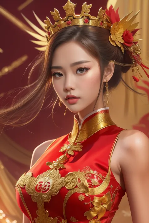 ghibi of perfect woman in reddress golden details kinetic full body vexel art，Phoenix crown，a chinese wedding