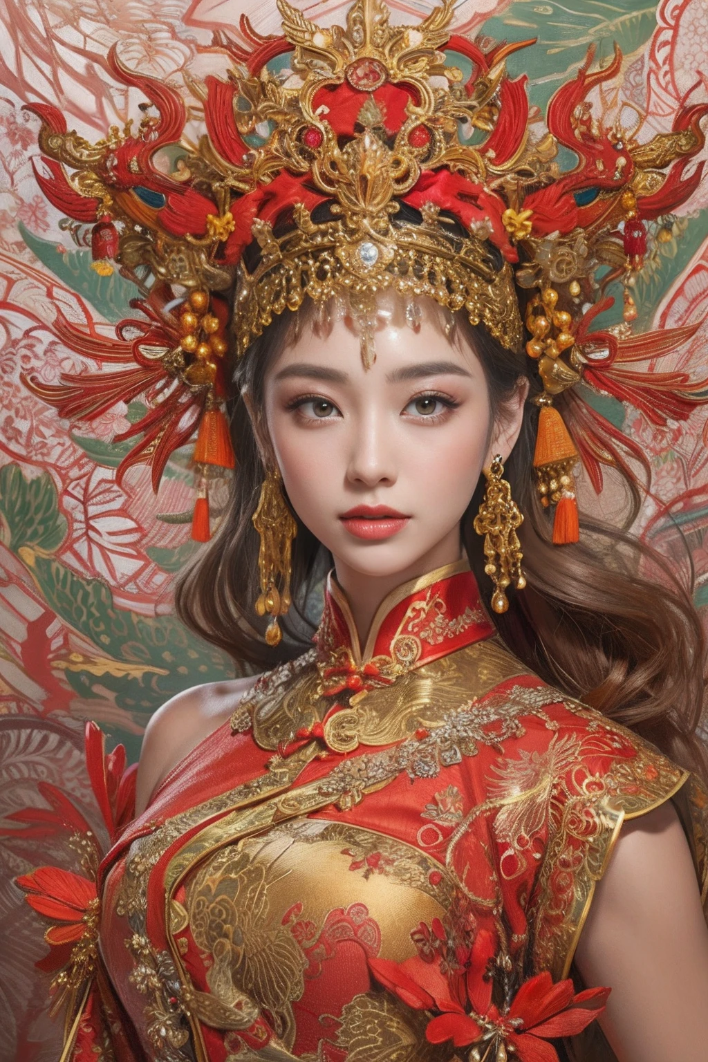 Una mujer con un vestido chino rojo y dorado，corona de fénix，una boda china，（obra maestra，calidad superior，la mejor calidad，arte oficial，Belleza y Estética：1.2），（1 chica：1.3），el es muy detallado，（s fractal art：1.1），más detallado，（ zentangle:1.2), cuerpo completoesbiano, (fondos abstractos:1.3), (piel brillante), (muchos colores:1.4), ,(pendientes), (hazaña:1.5),