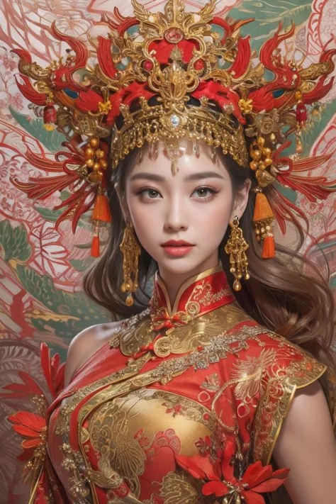 A woman wearing a red and gold Chinese dress，Phoenix crown，a chinese wedding，（tmasterpiece，top Quority，best qualtiy，offcial art，...