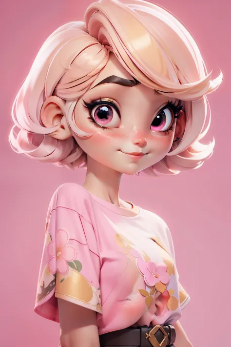 letter, 3D Face Pattern, Sweet and delicate girl, With short dyed hair ,Golden Girl,black makeup,long lashes,Pink T-shirt
