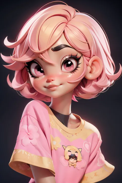 letter, 3D Face Pattern, Sweet and delicate girl, With short dyed hair ,Golden Girl,black makeup,long lashes,Pink T-shirt