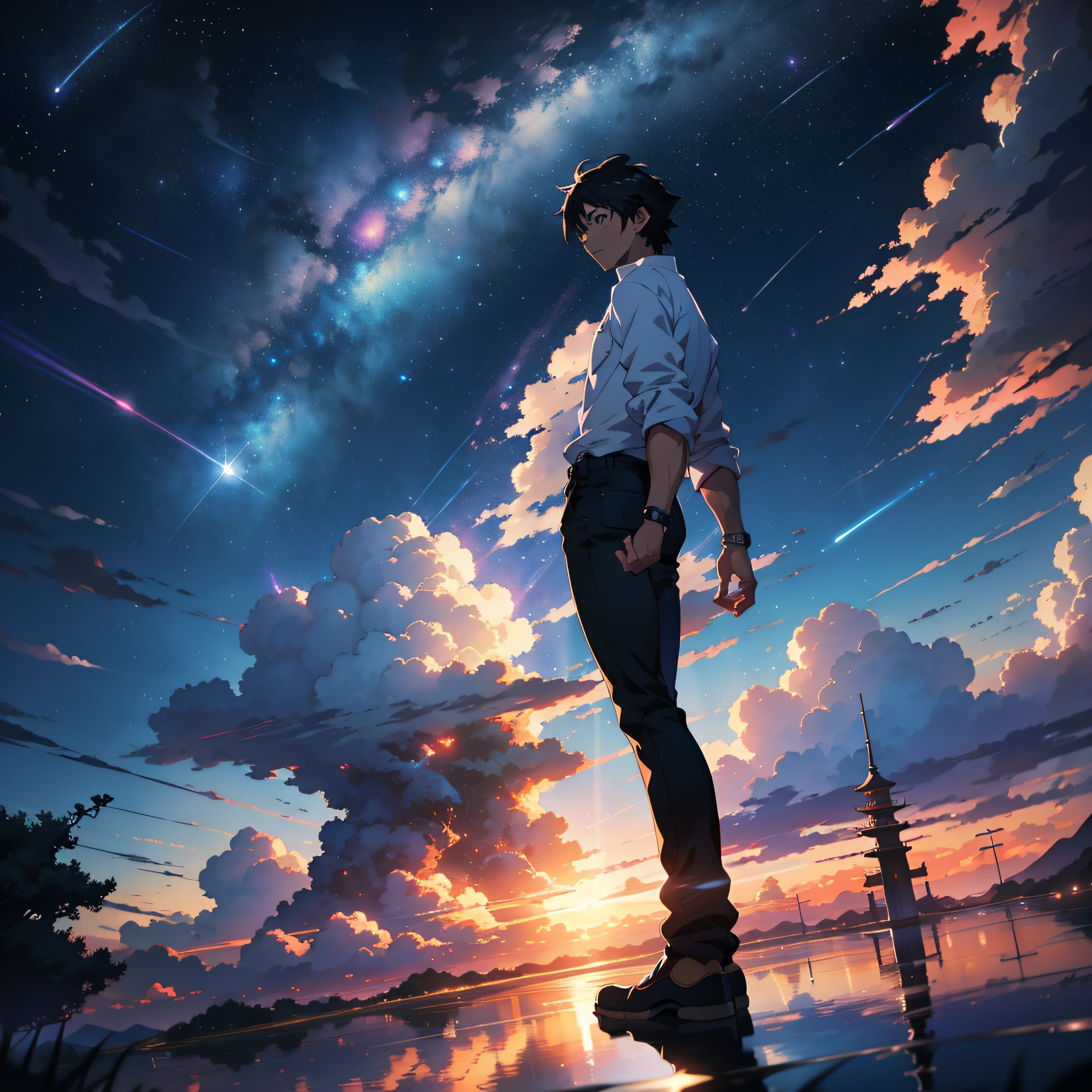 anime - escena de estilo de un hermoso cielo con estrellas en círculo, cielos cósmicos, por Makoto Shinkai, fondo de pantalla de arte anime 4k, meteor fall, volar, Fondo de pantalla de arte anime 4K, fondo de pantalla de arte anime 8 K, fondo de pantalla animado 4k, fondo de pantalla animado 4k, Fondo de pantalla animado 4K, cielo animado, increíble fondo de pantalla, fondo animado, fondo animado art, reflexión, transición cuántica, Camisa blanca, jeans negros, Centro de la ciudad cyborg.