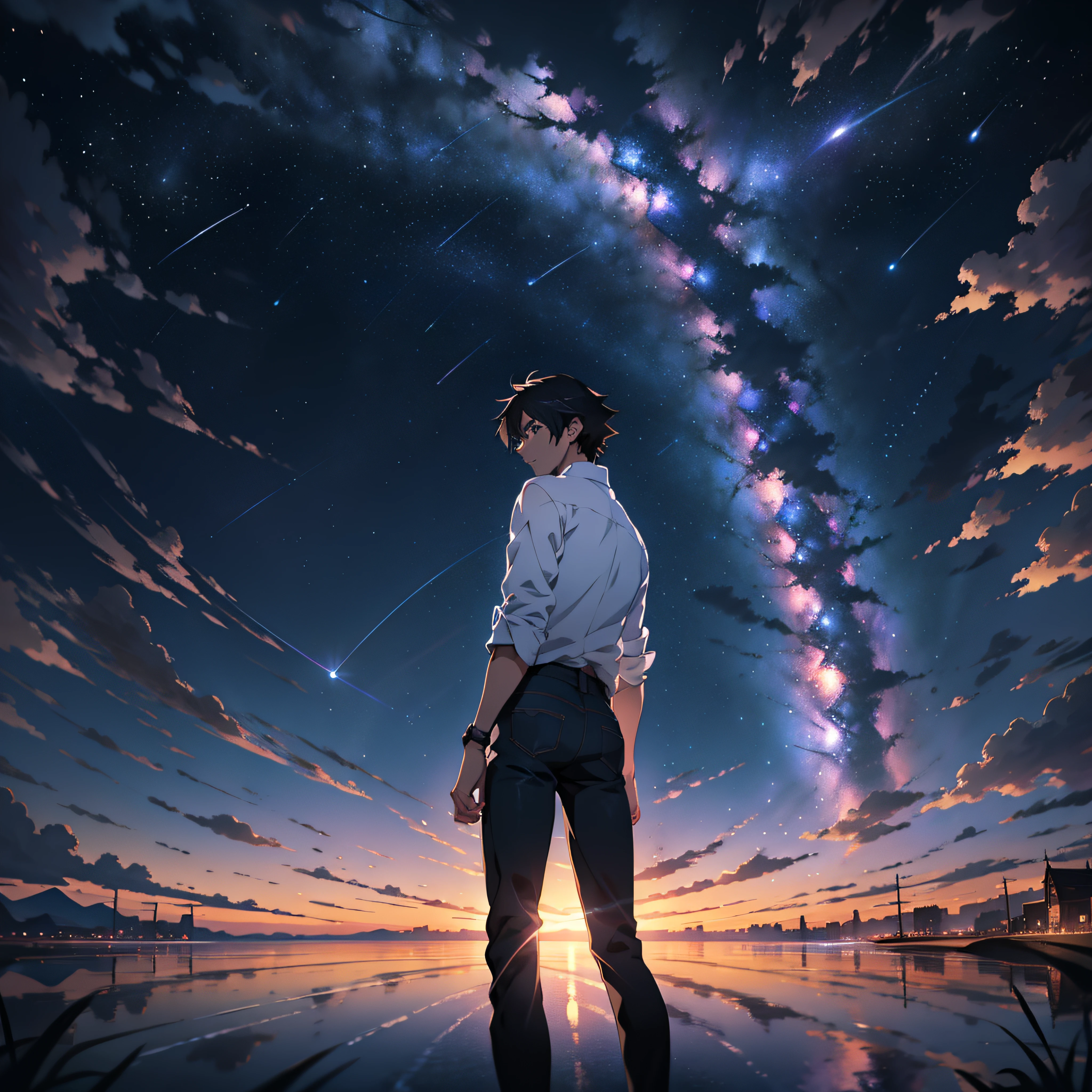 anime - escena de estilo de un hermoso cielo con estrellas en círculo, cielos cósmicos, por Makoto Shinkai, fondo de pantalla de arte anime 4k, meteor fall, volar, Fondo de pantalla de arte anime 4K, fondo de pantalla de arte anime 8 K, fondo de pantalla animado 4k, fondo de pantalla animado 4k, Fondo de pantalla animado 4K, cielo animado, increíble fondo de pantalla, fondo animado, fondo animado art, reflexión, transición cuántica, Camisa blanca, jeans negros, Centro de la ciudad cyborg.