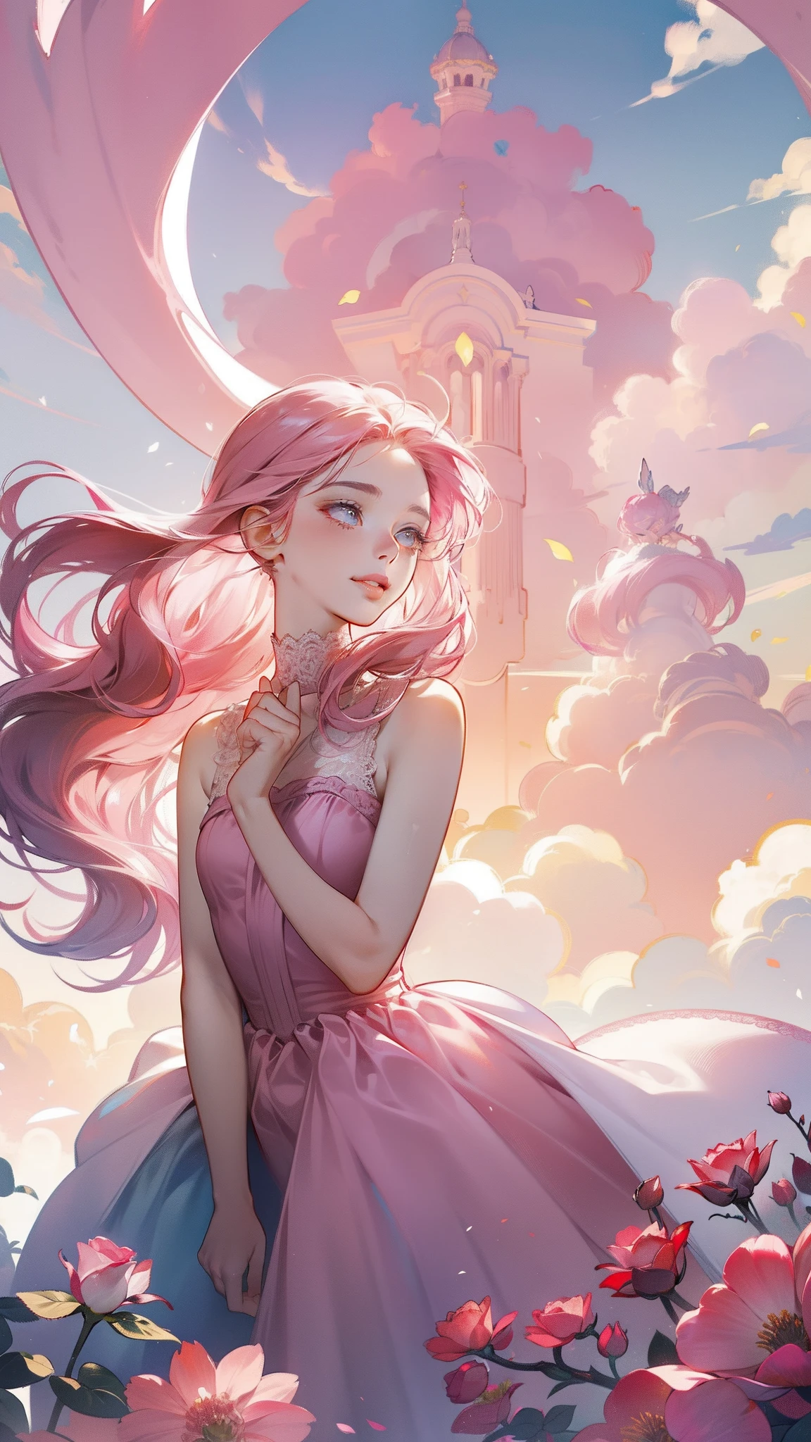 Uma garota de 18 anos usa uma rosa rosa, cabelo longo, vestido branco sem mangas, Segurando uma rosa rosa. Cheire as flores, fantasia brilhante, Surrealismo, Michael Cormac, Rosa, Tranquilidade monocromática, atmosfera brilhante, luz do sol, feliz, feliz, e sorri,