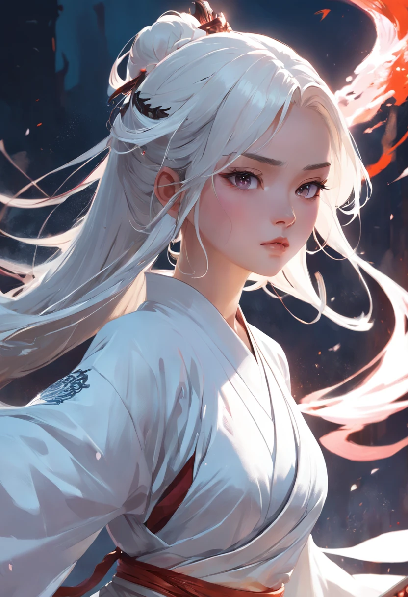 um close de uma mulher com uma espada em um vestido branco, um retrato de personagem de Yang J, tendências na CGSociety, arte de fantasia, linda pintura de personagem, artwork in the style of Guweiz, Guweiz, Hanfu branco, vestes brancas esvoaçantes, wuxia de corpo inteiro, arte de personagem épica e requintada, arte de personagem impressionante, bela assassina feminina