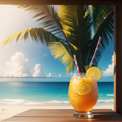 "(Highest picture quality), (Prioritizing the exceptional image quality and astonishing level of detail), generate an awe-inspiring (photorealistic:1.1) a scenery, tropical pineapple drink, rum, beach, palm trees, tiki, nautical, reiq, Sharp focus, render,...