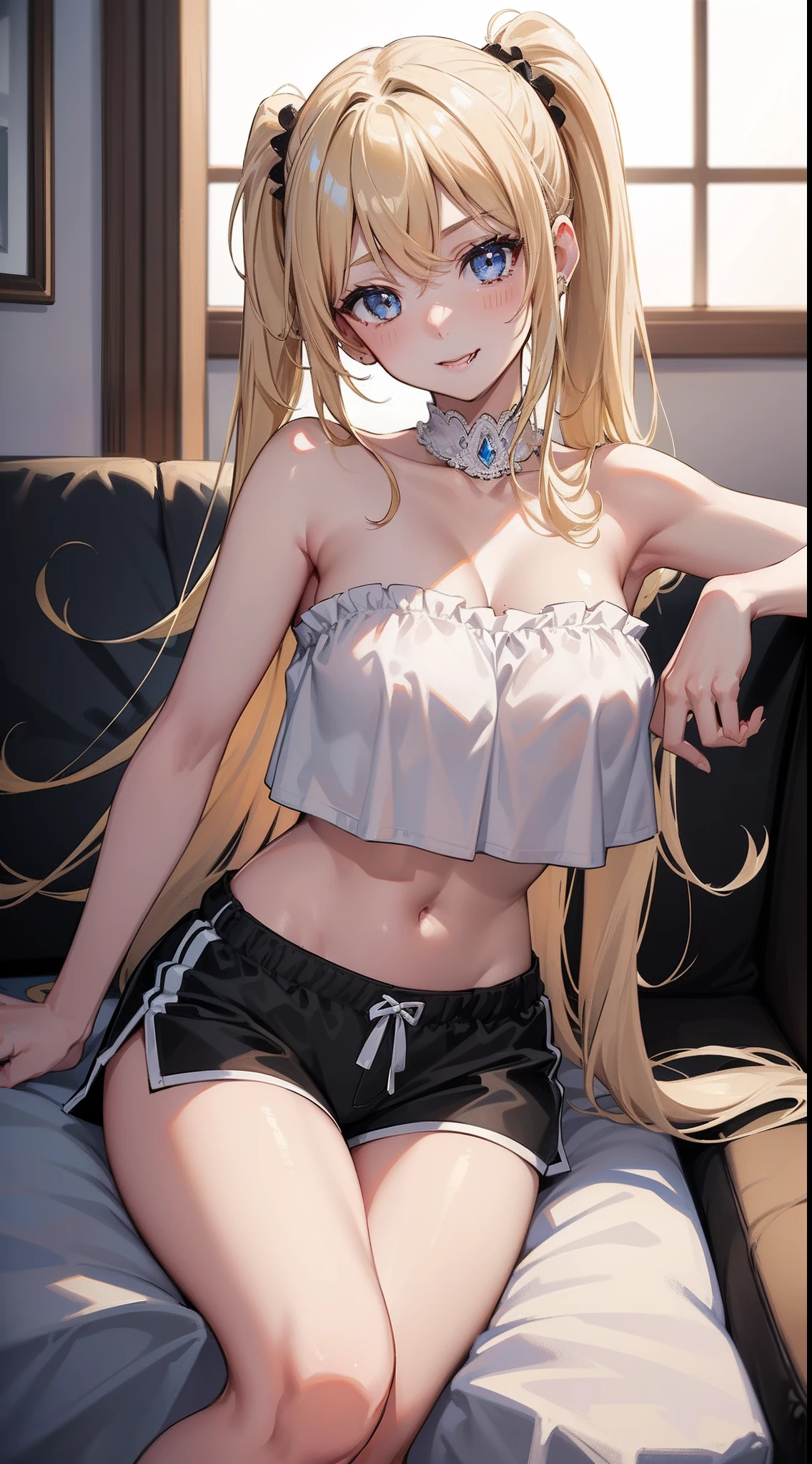 Anime girl with long blonde hair sitting on a couch - SeaArt AI