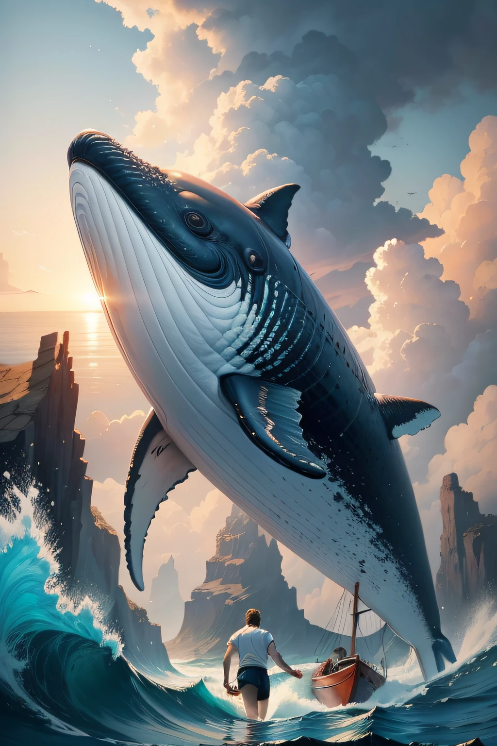 Painting of jonas facing a giant whale a boat in the background, an illustration by David G. orensen, Shutterstock, Arte conceptual whale in water, bible illustration, forcing him to flee, Llegando a tierra, epic biblical depiction, jonas spitted by the whale, Coming out of the ocean all wet, dramatic artwork, dramatic illustration, Dramatic situation,