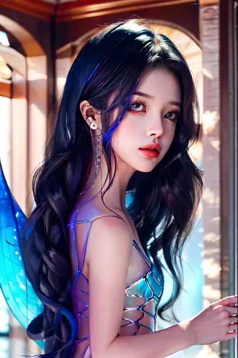 Long black hair with silver black-tailed male mermaid at the end，The tail shimmers with pearlescence，Has transparent ventral fins，and ear fins，Golden pupils，pretty