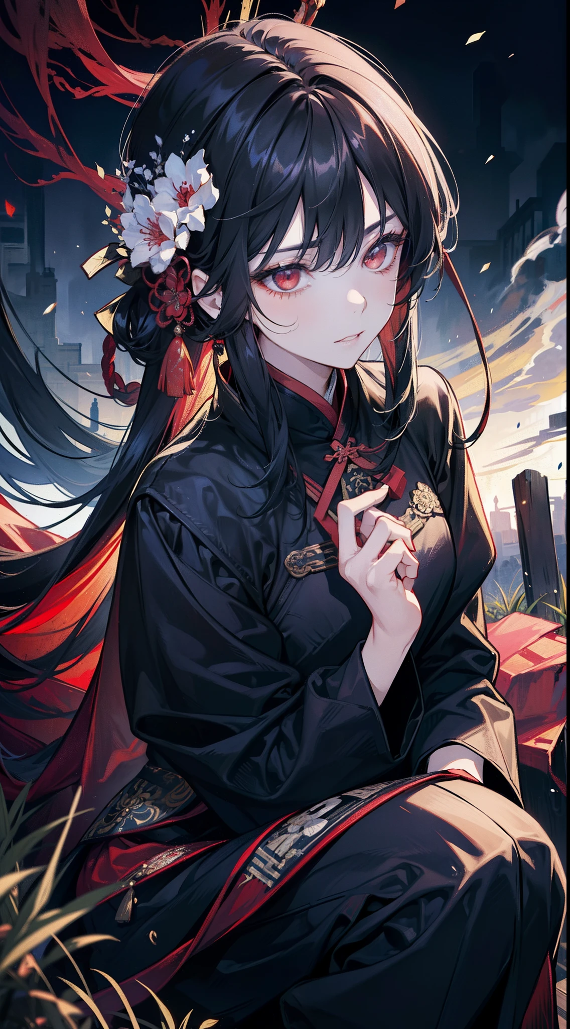 （tmasterpiece，optimum，PremiumQuality）Conspiracy Themes，A woman crouched on a fence，Ancient yard，The eyes are indifferent，Red eyes，Wearing black ancient Hanfu，Look down from above，Cold，Long black hair，Beautiful face，high qulity，the detail，Cold female assassin，Martial arts swordsman，Epic art，