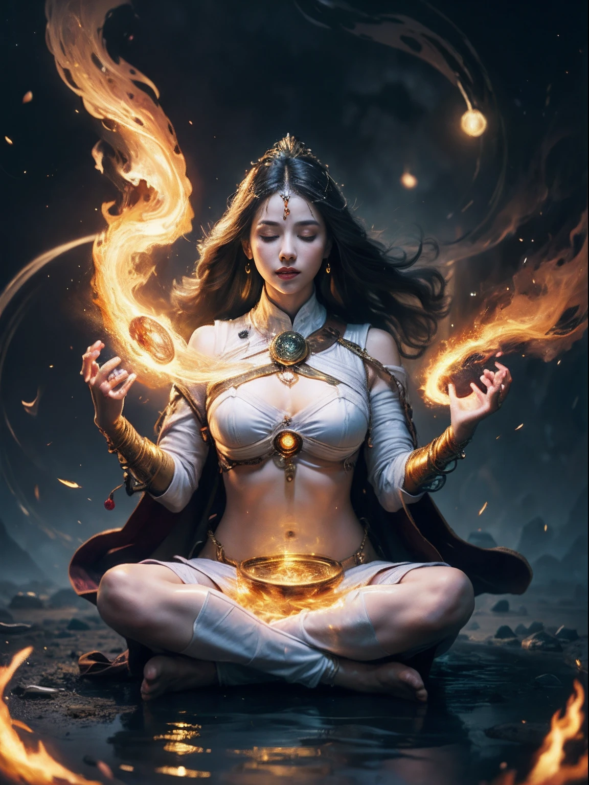 Immortal goddess, super beautiful, 8k, super big breasts, meditating, light white cloth covering part of her body, sitting cross-legged, golden glowing magic circle rotating behind her, magical aura surrounding her parts, magical, fantasy, milky way background, (4  elements, fire, water, wind, earth, surround it),