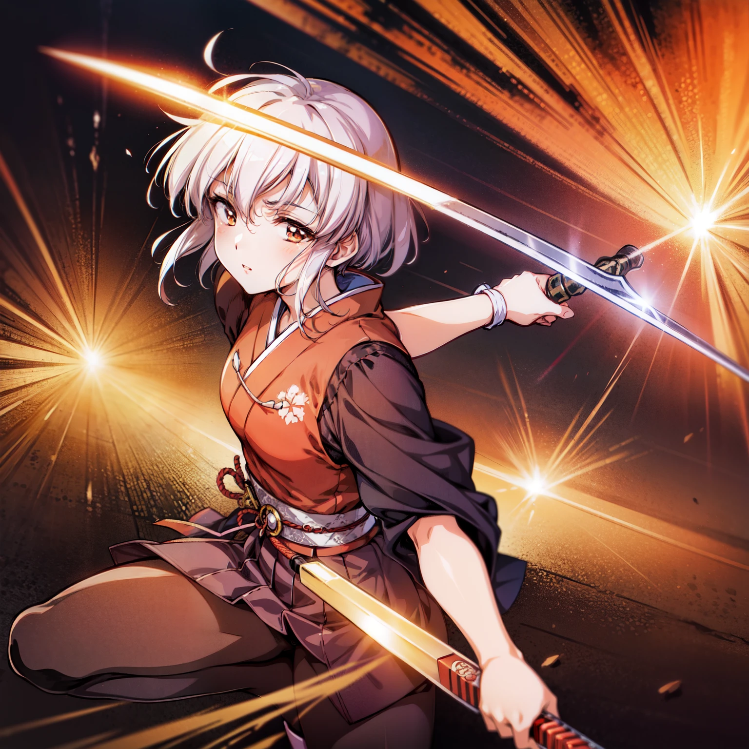 warrior anime girl in traditional Japanese clothes, samurai sword in hand, urushisato