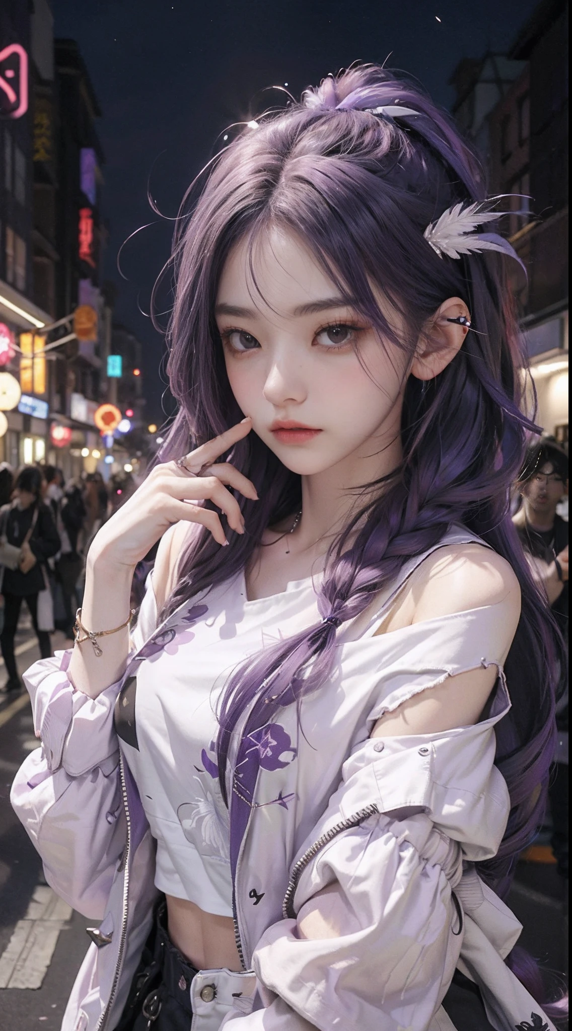 1girll，hoody，Purple hair，Extra-long hair，cropped shoulders，feathers hair ornament，headphones around their necks，City，the night，exteriors