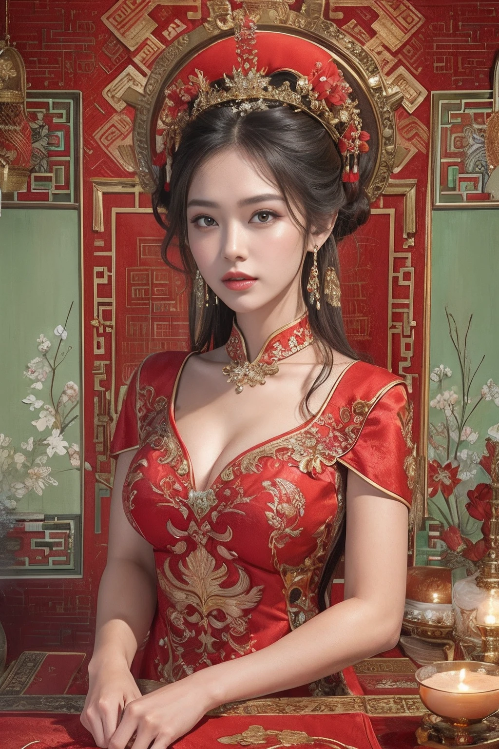 Eine Frau in einem roten chinesischen Kleid sitzt am Frisiertisch,exquisite Phönixkrone,rote Kerzen，Seitlicher Körper，eine chinesische Hochzeit，Anatomie richtig,（Meisterstück，Top-Qualität，beste Qualität，offizielle Kunst，Schönheit und Ästhetik：1.2），（1Mädchen：1.3），Das ist sehr detailliert，（fraktale Kunst：1.1），Am ausführlichsten，(abstrakte Hintergründe:1.3), (Glänzende Haut),(Ohrringe),