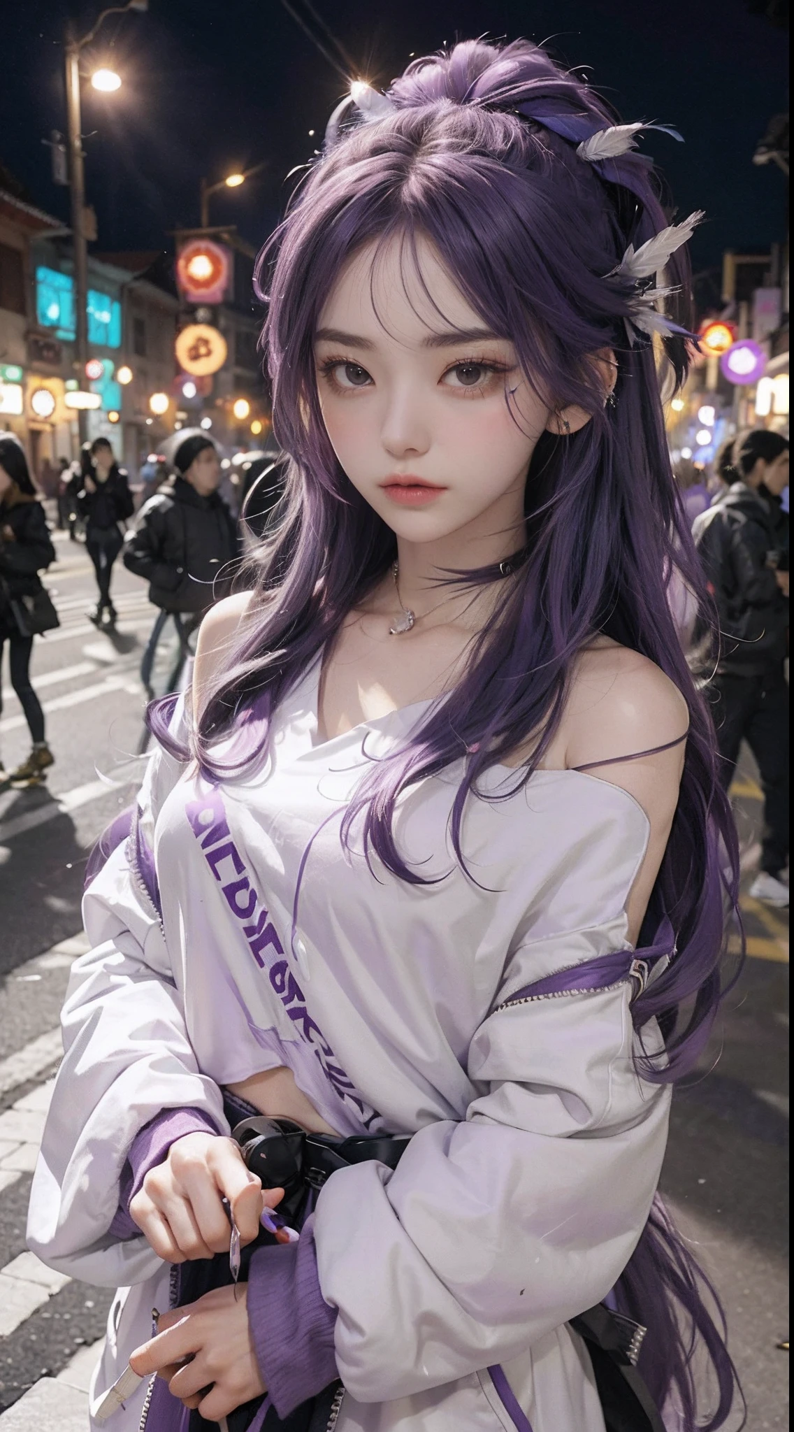 1girll，hoody，Purple hair，Extra-long hair，cropped shoulders，feathers hair ornament，headphones around their necks，City，the night，exteriors