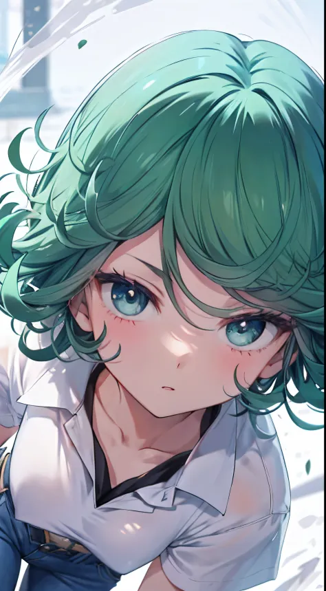 tatsumaki，An exquisite masterpiece，Best quality，Illustration style，Beautiful eyes，夏天，The white short-sleeved hem is blown by the...