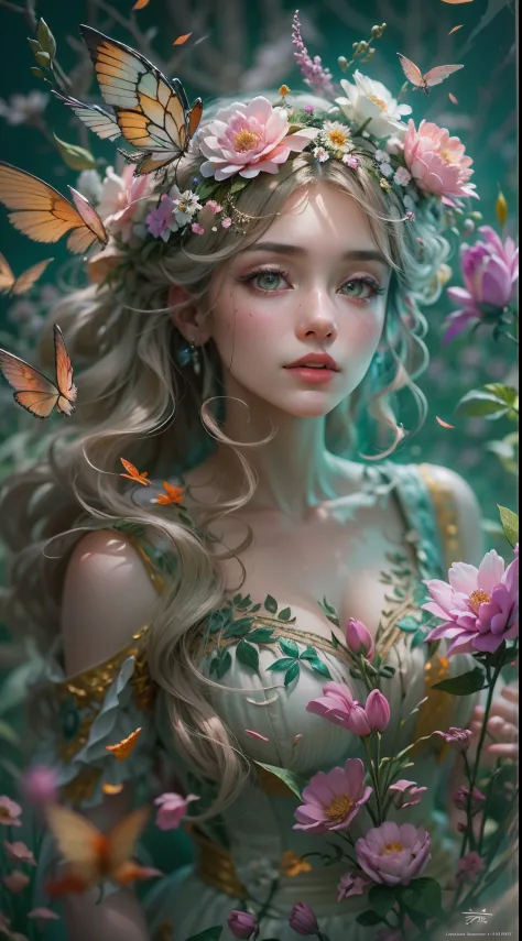 (Masterpiece, A fascinating depiction of a flower fairy:1.3), (charming scene of a，Bring the magic of nature to life:1.2), (Elaborately crafted，Embodies the essence of flower beauty and fantasy:1.2), (A fairy with delicate wings, Decorated in dresses made ...