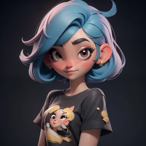 letter, 3D Face Pattern, Sweet and delicate girl, With short dyed hair,long lashes,Black T-Shirt,(Black Eyes) ,,, rainbow hair,Gold Accessories,black makeup