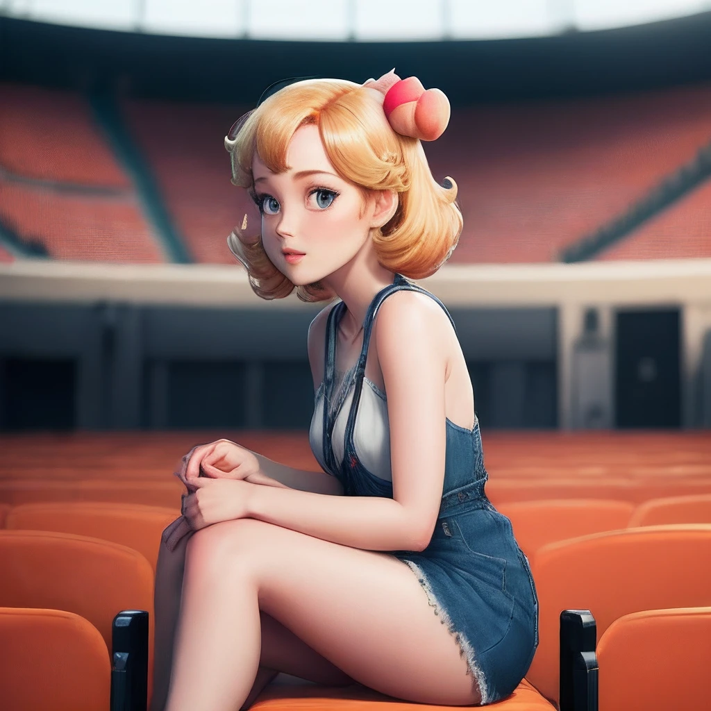 A close up of a woman sitting on a chair in a stadium - SeaArt AI