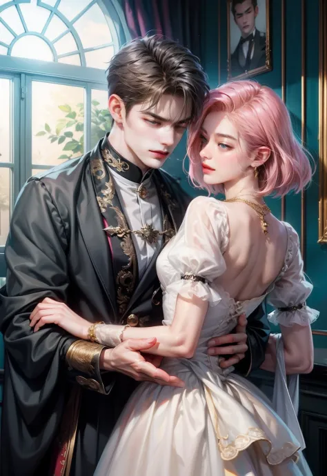 ​masterpiece, top-quality, 2Others, Male and female couples, 1 man and 1,, Adults, Height difference, different fashion, different color, finely eye and detailed face, intricate detailes, Casual clothing, Oversized shirt, Modern urban streets, Hands on bac...
